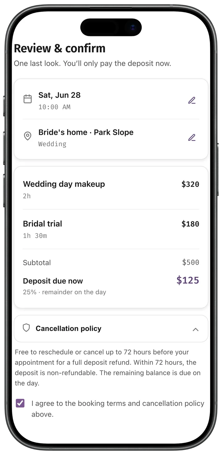 A client booking review screen with a cancellation policy and an agreement checkbox