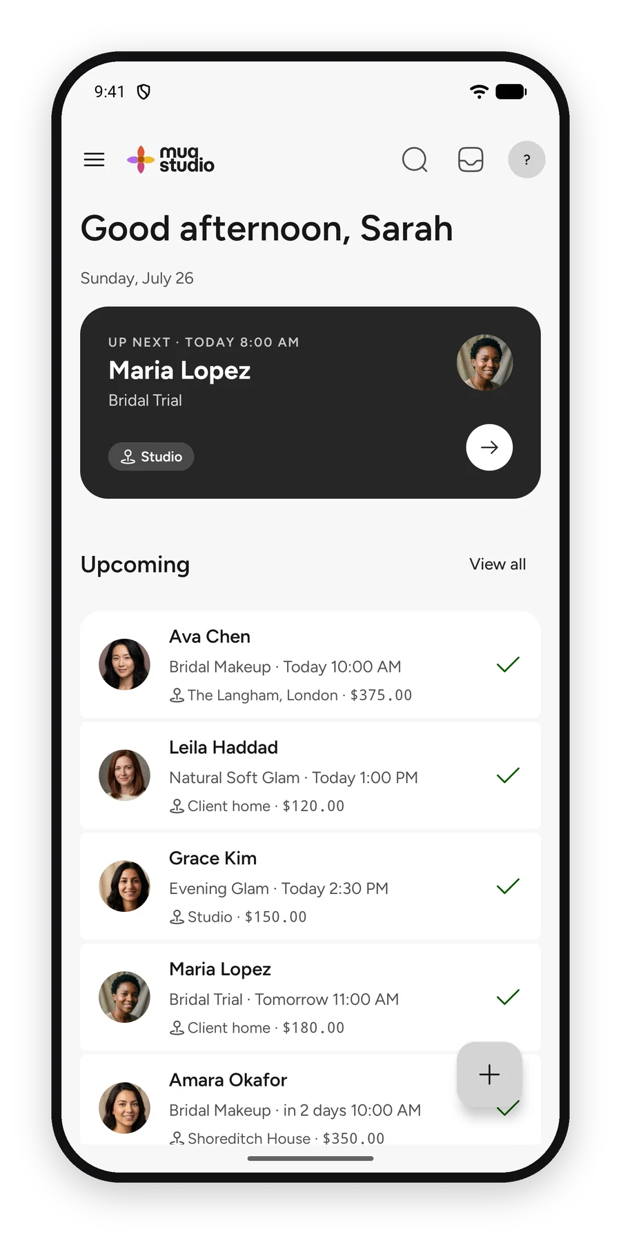 La agenda del día del mismo estudio en la app de MUA Studio para Android