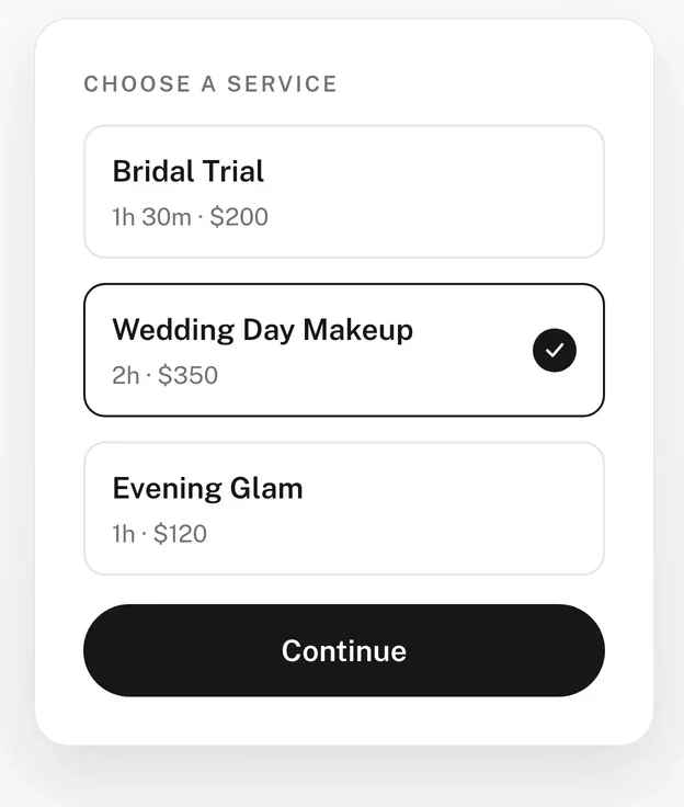 Un cliente eligiendo Maquillaje para el día de la boda de una lista de servicios y precios