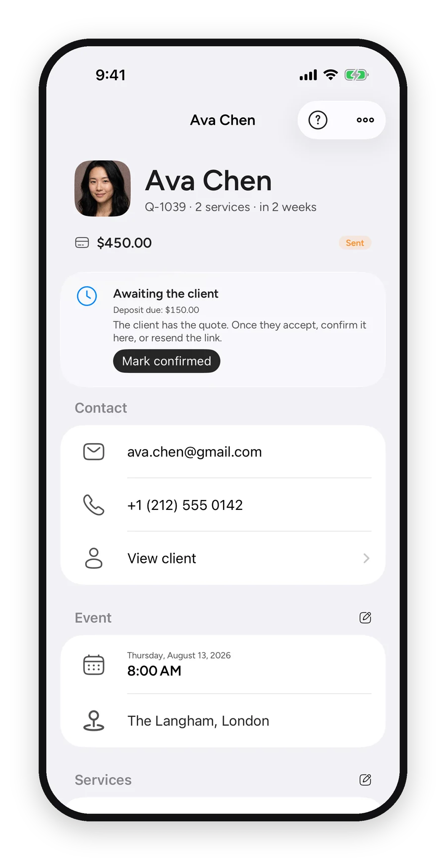 Ein Angebot in der MUA Studio App mit Leistungen, Gesamtsumme und Kundenkontakt