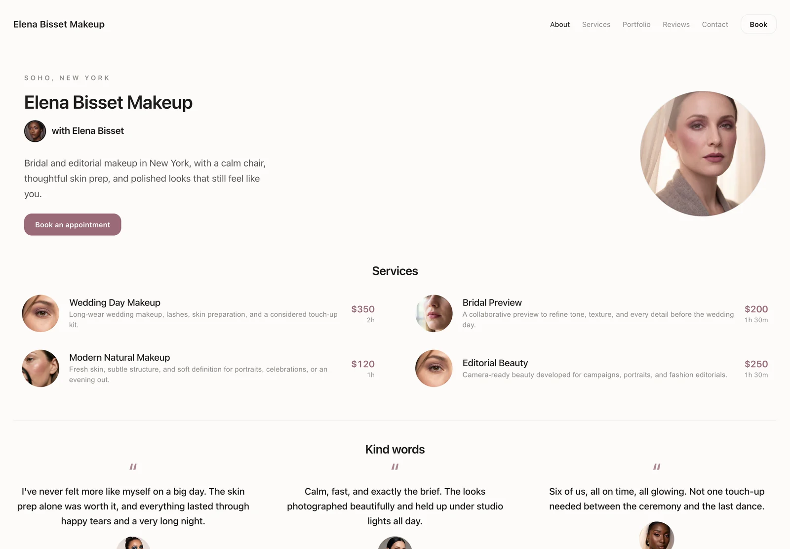 Haze booking website with centered typography and a light minimal service list