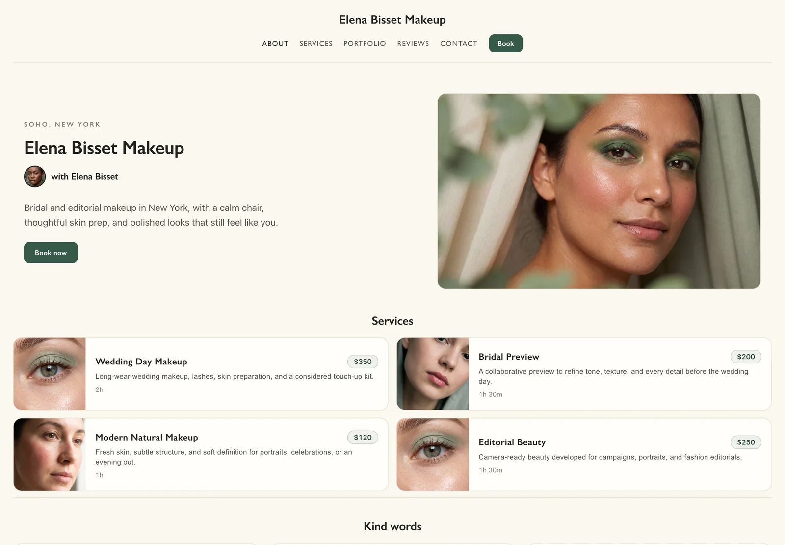 Ivy booking website with green accents and a calm balanced desktop layout