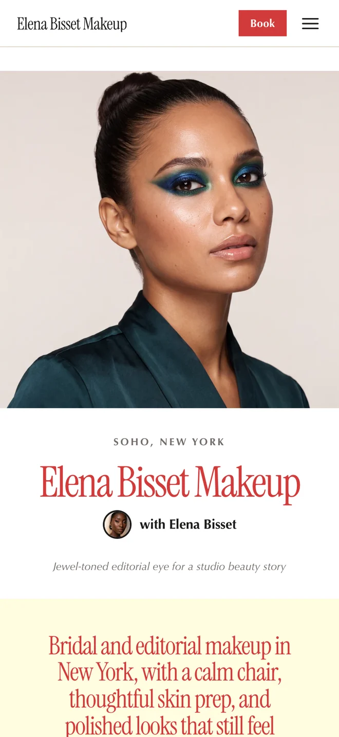 A makeup artist's public MUA Studio booking website on a phone, showing the business name, location, intro, a Book now button, a star rating, and recent work
