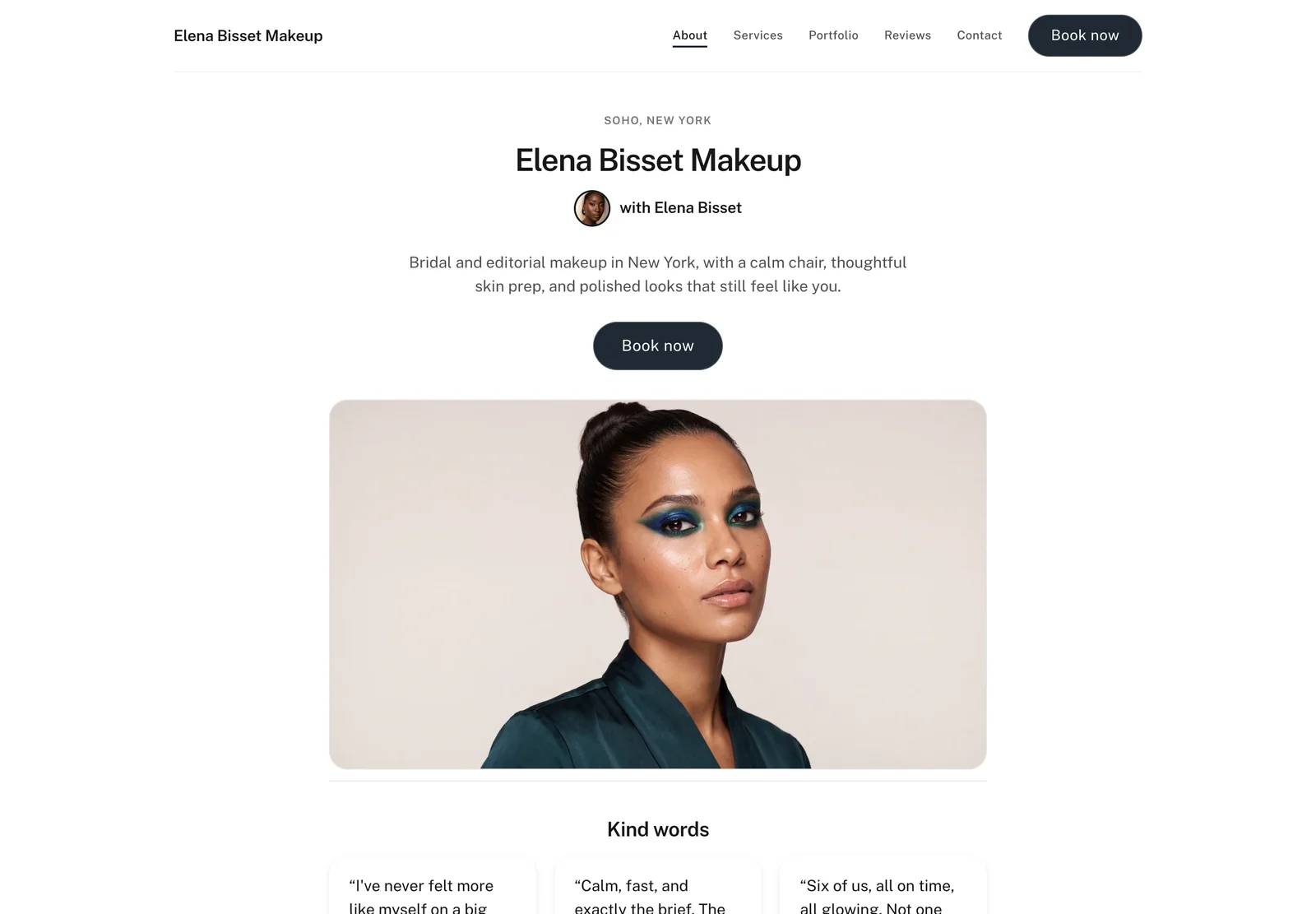 Studio booking website with centered neutral typography and a single framed portrait