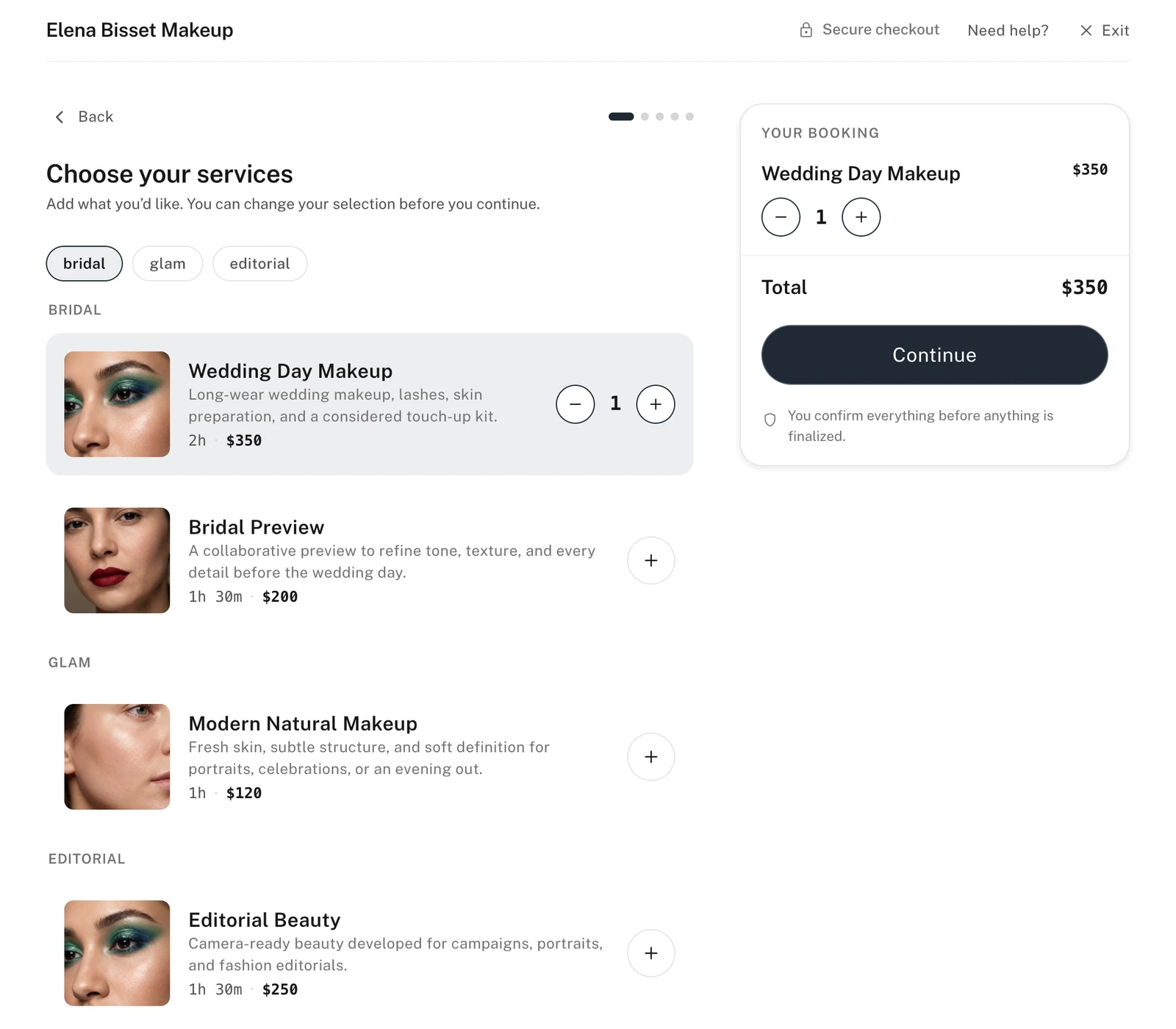 The booking request flow on desktop, with services on the left and a live booking summary panel on the right