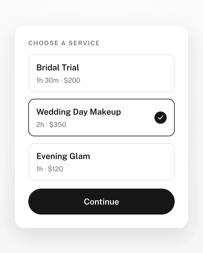 Booking step one: a service list with Wedding Day Makeup selected, each option showing its duration and price