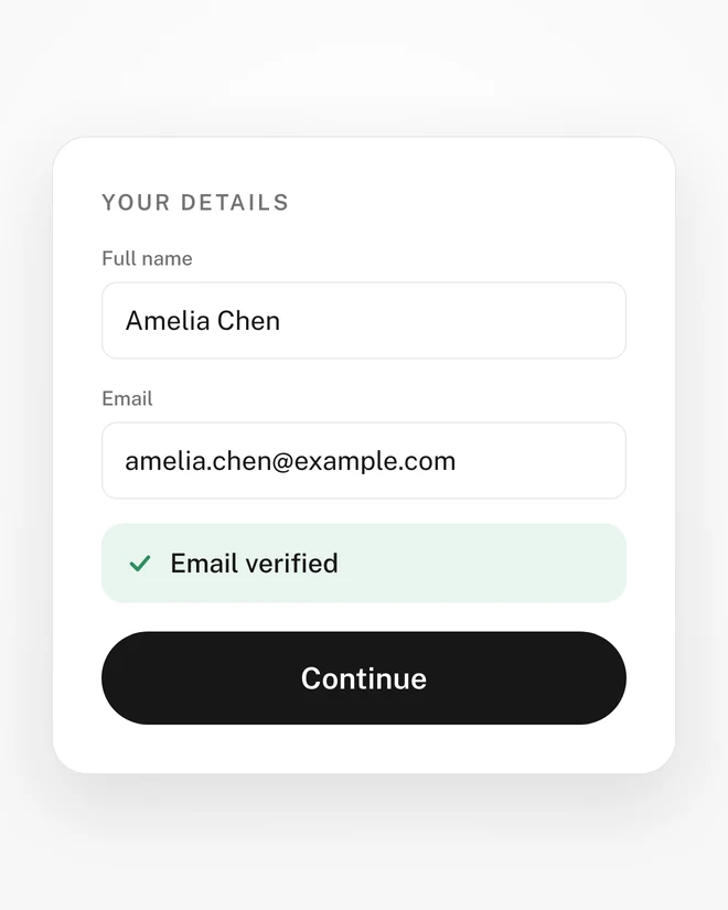 Booking step three: the client's name and email entered, with the email verified