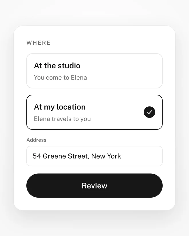 Booking step four: choosing between the studio and the client's own address, with an address entered