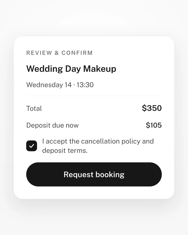 Booking step five: the service, date, total, and deposit due, with the cancellation policy accepted